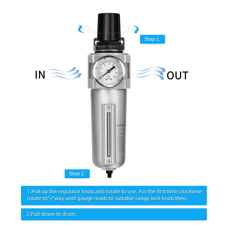 NANPU Industrial Grade Heavy Duty Particulate Filter & Air Regulator, Metal Bowl, Suitable for Paint Spray (3/4" NPT, Manual Drain) - Image 2